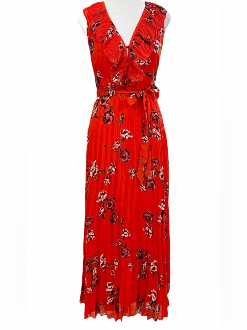 Lulus Loved by You Red Orange Floral Chiffon Maxi Dress S Pleated Ruffle Summer